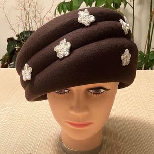 Elegant Brown Wool Hat with White Sequined Beaded Floral Embellishments